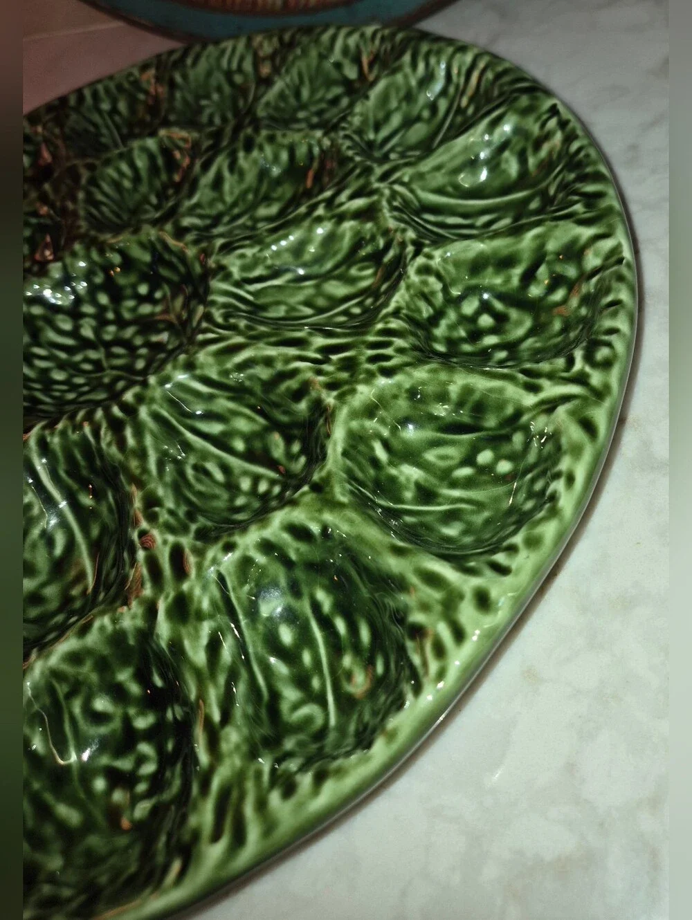 Vintage Green Cabbage leaf deviled egg platter crafted in Portugal by Olfaire - Picture 3 of 6